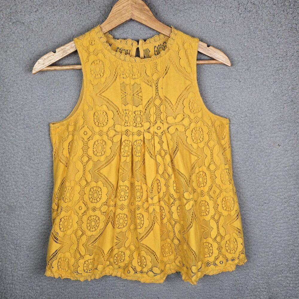 Doe & Rae Mustard Yellow Crochet Lace Top Blouse S Boho Festival Trendy Swingy